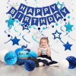 Birthday Decorations, Happy Birthday Banner with Balls, Stars, Circle Dots, Happy Birthday Party Decorations for Women Men Boys Girls (Blue) - Image 2