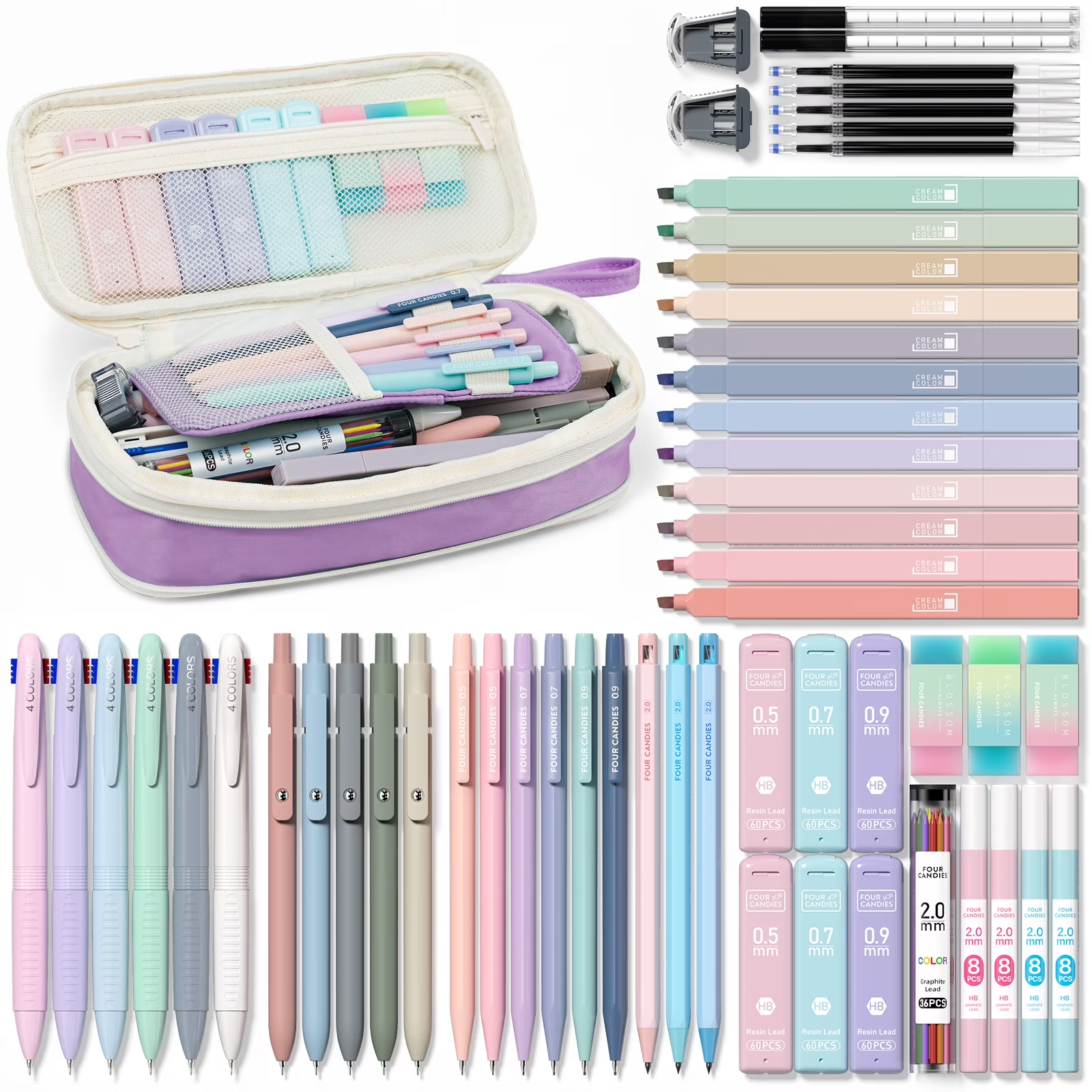 Four-Candies-56-PCS-Mechanical-pencil-Set-Purple_7d200d56-90d4-451d-8b86-b18d1eaf0189 Four Candies 56 PCS Aesthetic Supplies with Pencil Case, 6 Multicolor Pen, 12 Pastel Highlighters, 5 Gel Pens Black Ink, 9 Mechanical Pencils for Stationary Set Preppy Stuff (Purple) (Copy) - Image 1