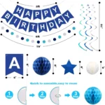 Birthday Decorations, Happy Birthday Banner with Balls, Stars, Circle Dots, Happy Birthday Party Decorations for Women Men Boys Girls (Blue) - Image 5
