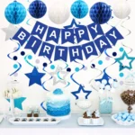 Birthday Decorations, Happy Birthday Banner with Balls, Stars, Circle Dots, Happy Birthday Party Decorations for Women Men Boys Girls (Blue) - Image 4