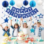Birthday Decorations, Happy Birthday Banner with Balls, Stars, Circle Dots, Happy Birthday Party Decorations for Women Men Boys Girls (Blue)