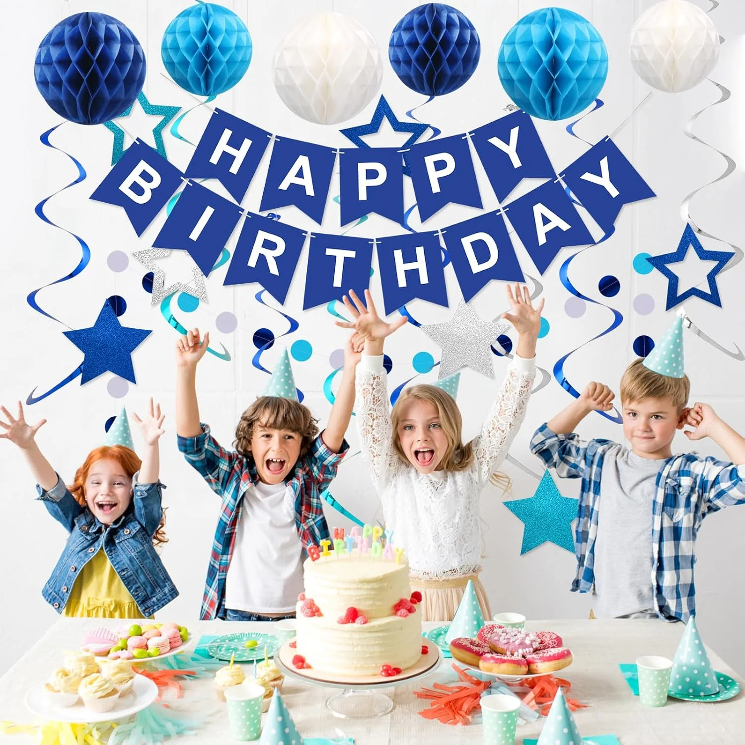 df3956c7-c89d-44f6-b739-8524f7399cf5.94c364ac0af4197a5f33b58ff77f8a0d Birthday Decorations, Happy Birthday Banner with Balls, Stars, Circle Dots, Happy Birthday Party Decorations for Women Men Boys Girls (Blue) - Image 1