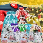 Christmas Drawstring Gift Bags, 15Pcs Xmas Wrapping Bags Assorted Sizes for Presents with Ribbon Ties for Birthday Holiday Party