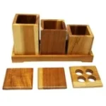 Eleganto® 3-Piece Teak Wood Bathroom Set with Tray – EarthyTeak® Finish | Stylish & Functional