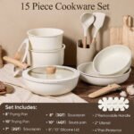 Carote 15-Piece Granite Nonstick Cookware Set – Removable Handles, Induction Compatible, Oven-Safe Pots & Pans, Cream White - Image 2