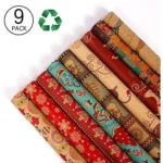 Christmas Wrapping Paper 9-Pack – Holiday Kraft Paper Sheets with Snow, Christmas Tree, Snowman, Lantern & Elk Designs (30” x 20”)