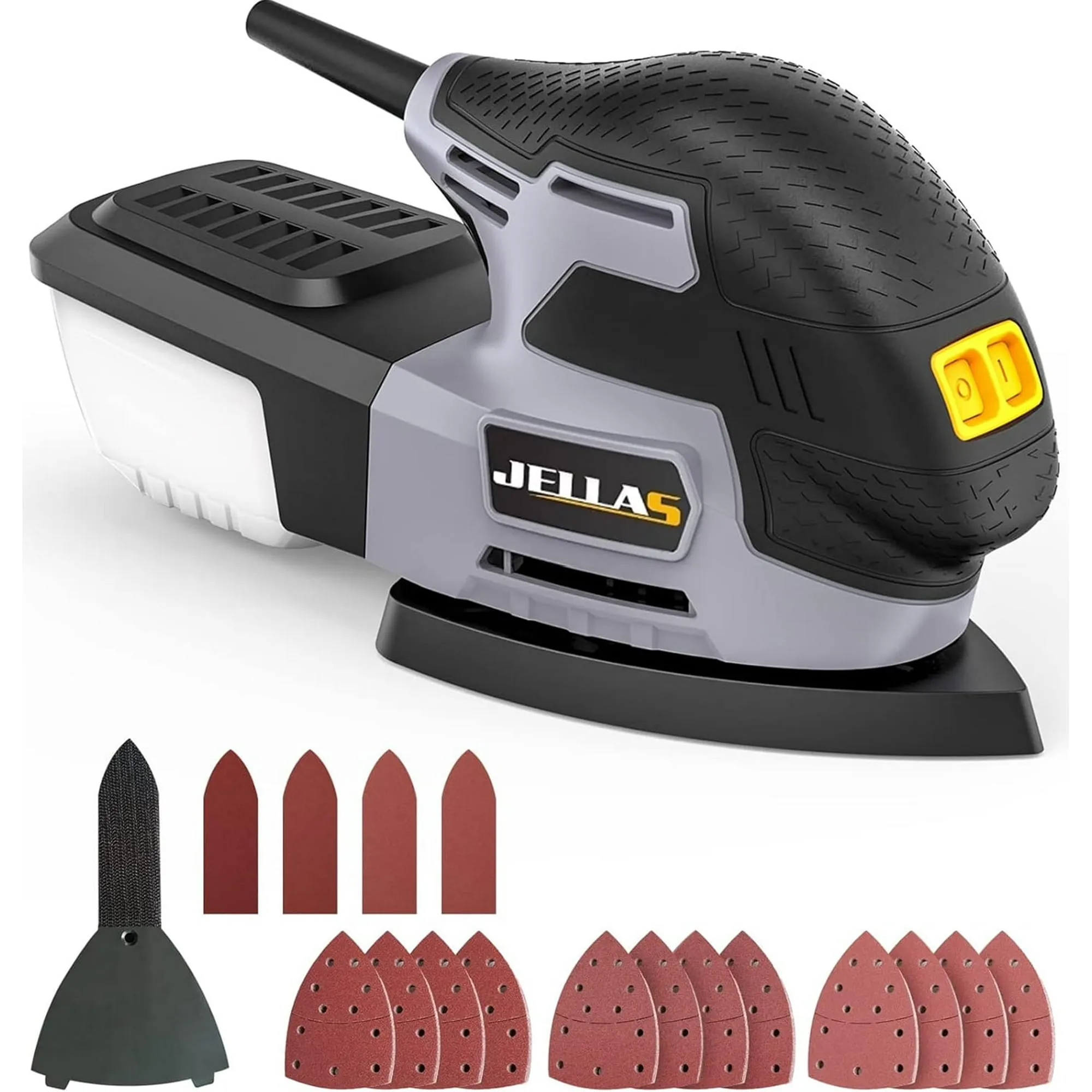 JELLAS-Electric-Detail-Sander-22 JELLAS 220W Electric Detail Sander – 13,000 RPM Compact Sander for Wood with Dust Collection System, 16 Sandpapers, Finger Sanding Attachment & Sanding Pad – Precision Finishing Tool - Image 1