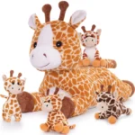 Muiteiur 5-Piece Giraffe Plush Set – 21.6″ Mommy Giraffe with 4 Baby Giraffes – Soft Stuffed Animal Toys for Kids