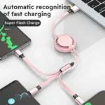 Firsting 3-in-1 Retractable Fast Charging Cable – USB to Type-C, Micro USB & Lightning Compatible | 2-Pack (Pink) - Image 5